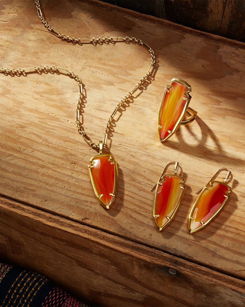 Skylar Vintage Gold Small Long Pendant In Orange Banded Agate