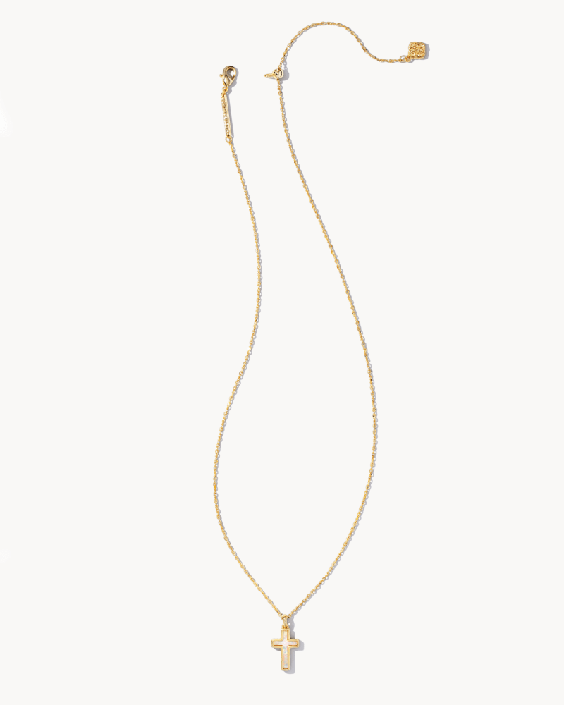 Cross Gold Pendant Necklace In White Kyocera Opal