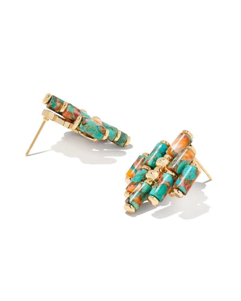 Ember Gold Statement Stud Earrings In Bronze Veined Turquoise Magnesite Red Oyster