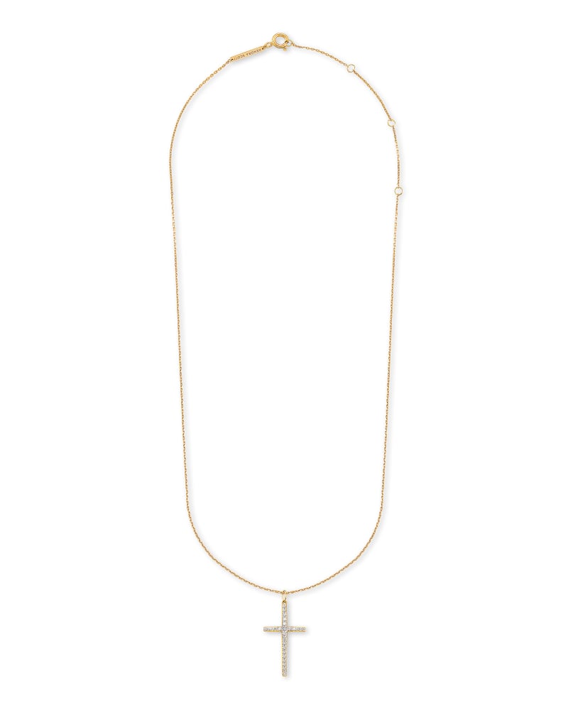 Large Cross 14k Yellow Gold Pendant Necklace In White Diamond