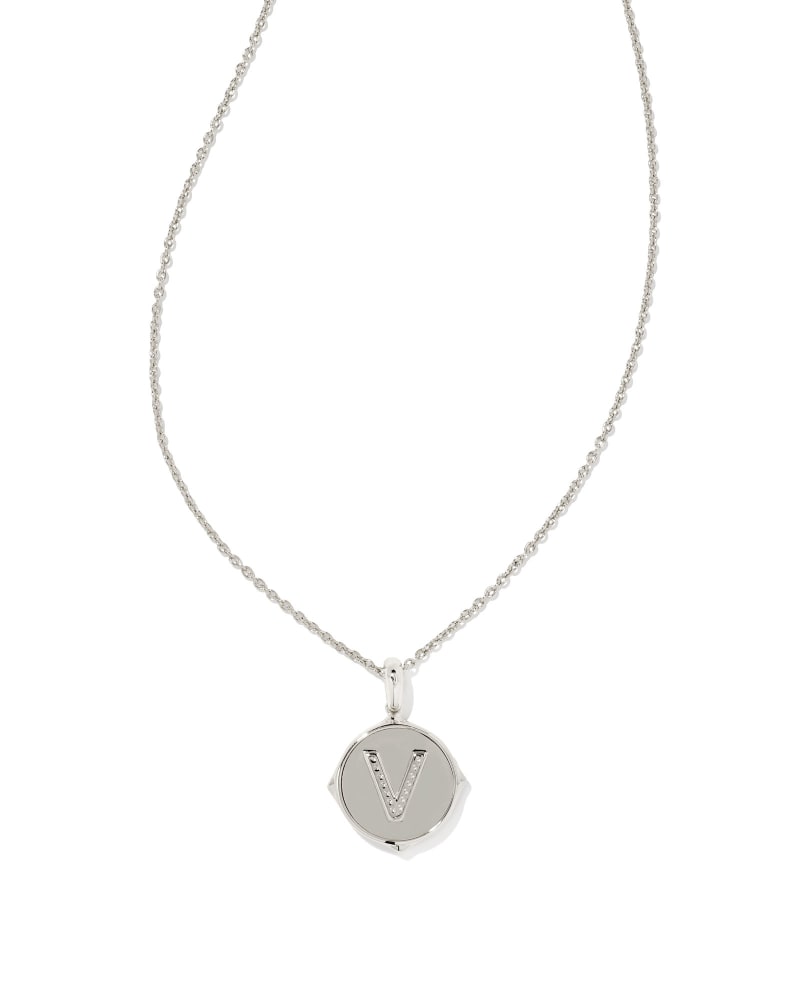 Letter V Silver Disc Reversible Pendant Necklace In Iridescent Abalone