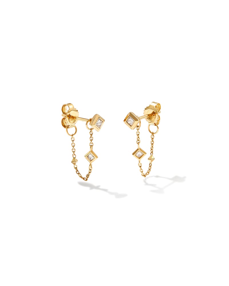 Michelle 14k Yellow Gold Chain Huggie Earrings In White Diamond