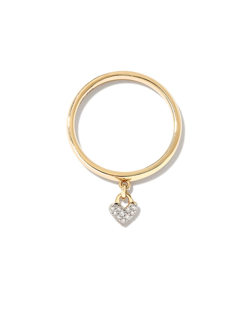 Pave Heart Padlock 14k Yellow Gold Band Ring In White Diamond