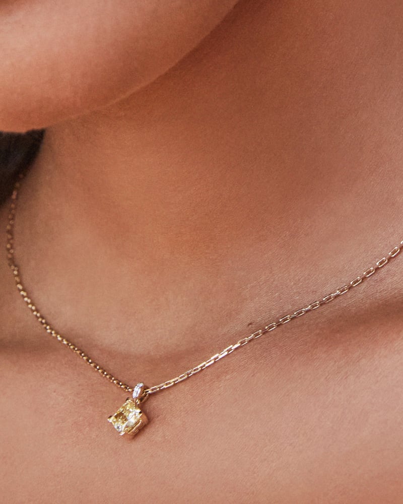  20th Anniversary Dira 14k Yellow Gold Cushion Cut Pendant Necklace In Yellow Lab Grown Diamond
