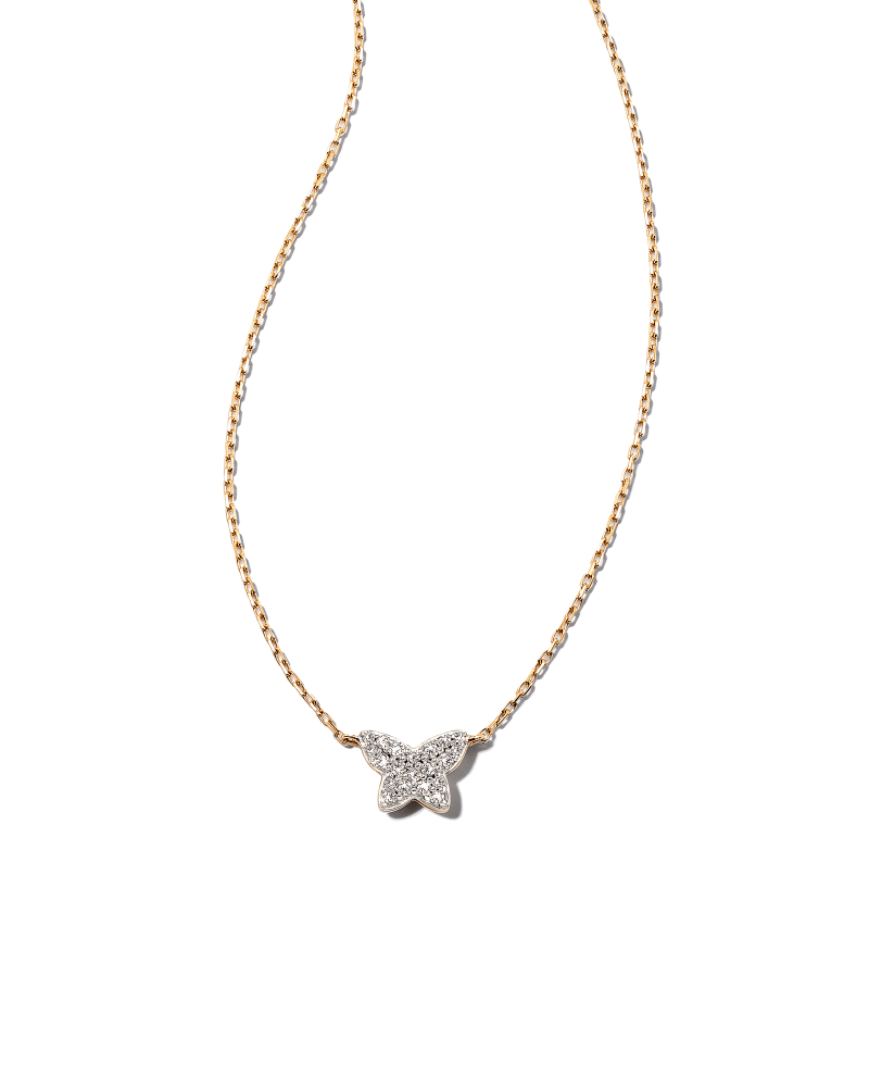  Butterfly 14k Yellow Gold Pendant Necklace In White Diamond
