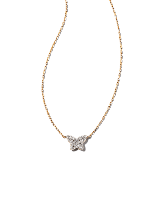  Butterfly 14k Yellow Gold Pendant Necklace In White Diamond