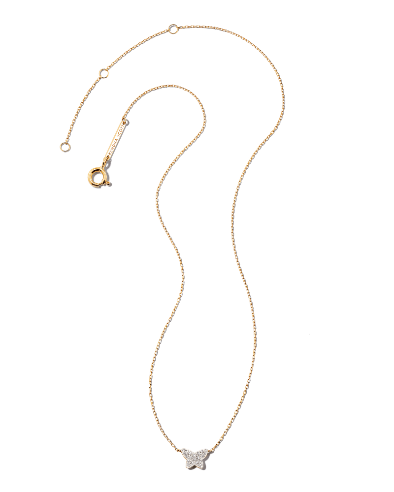  Butterfly 14k Yellow Gold Pendant Necklace In White Diamond