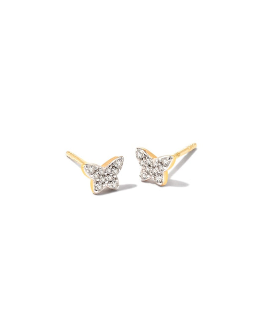  Butterfly 14k Yellow Gold Stud Earrings In White Diamond