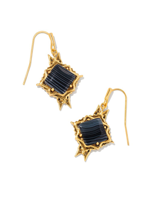  Cass Vintage Gold Drop Earrings In Black Banded Agate