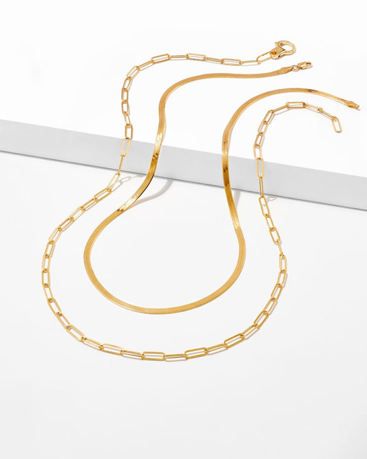  Herringbone And Paperclip Necklace Layering Set In 18k Gold Vermeil