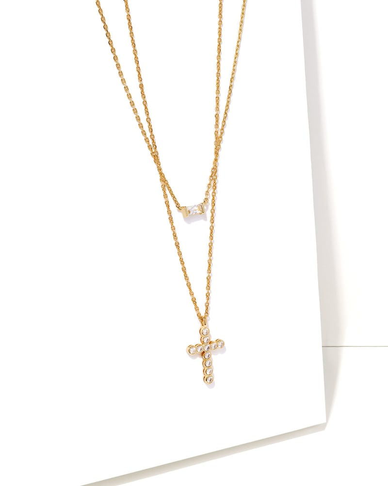  Cross Gold Pendant Necklace Layering Set In White Crystal