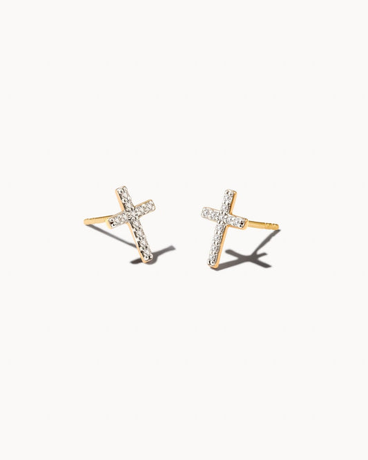  Cross 14k Yellow Gold Medium Stud Earrings In White Diamond