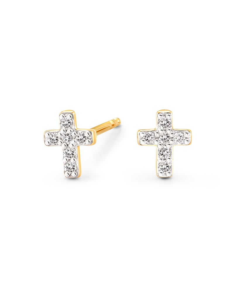  Cross 14k Yellow Gold Small Stud Earrings In White Diamond