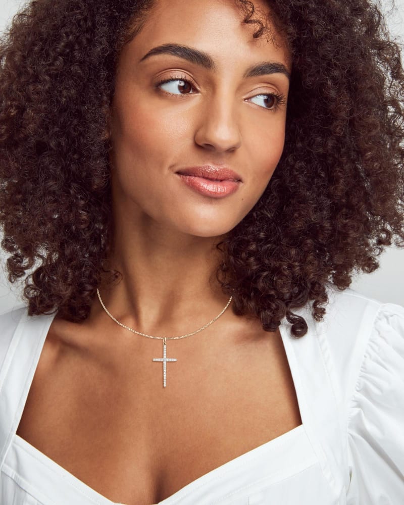  Large Cross 14k Yellow Gold Pendant Necklace In White Diamond