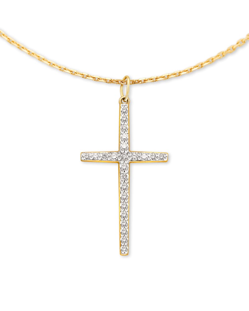  Large Cross 14k Yellow Gold Pendant Necklace In White Diamond