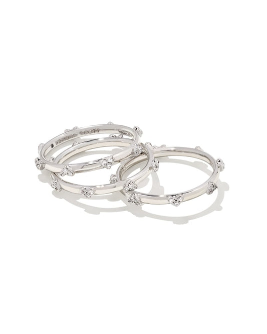  Haven Silver Crystal Heart Rings Set Of 3 In White Crystal