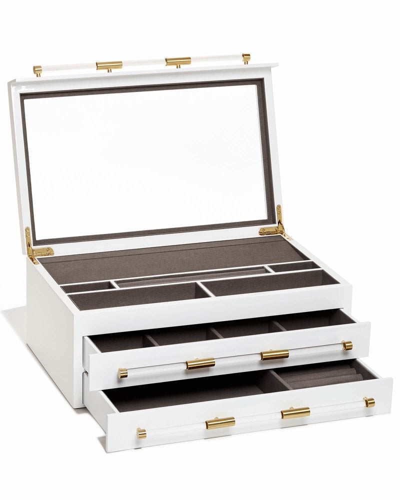  Large Antique Brass Jewelry Box In White Lacquer
