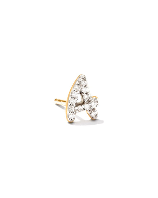  Letter B 14k Yellow Gold Single Stud Earring In White Diamond
