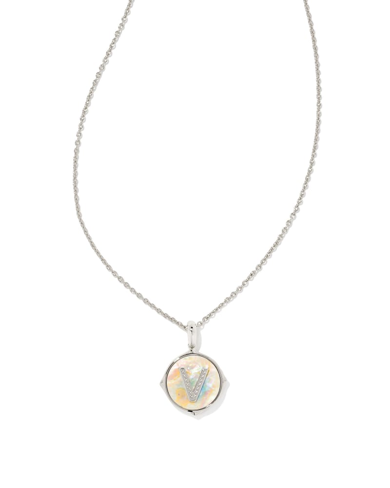  Letter V Silver Disc Reversible Pendant Necklace In Iridescent Abalone
