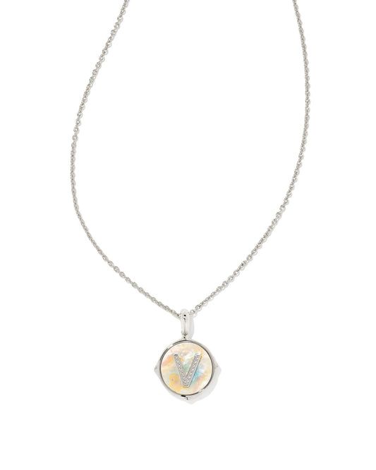  Letter V Silver Disc Reversible Pendant Necklace In Iridescent Abalone