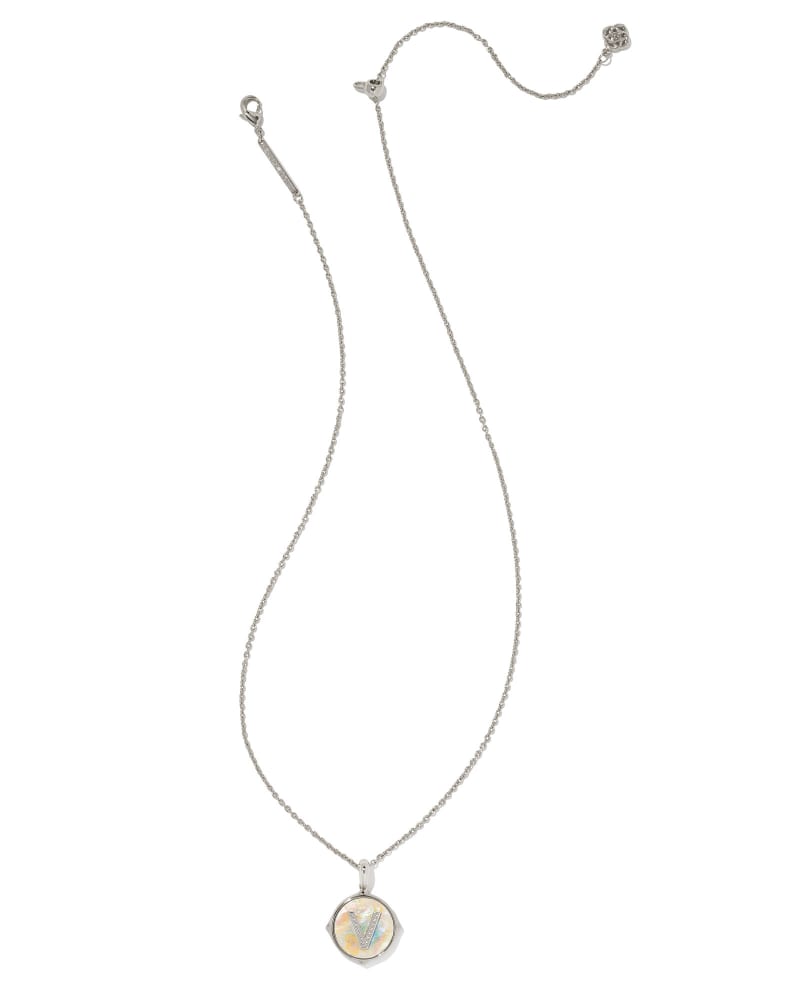  Letter V Silver Disc Reversible Pendant Necklace In Iridescent Abalone