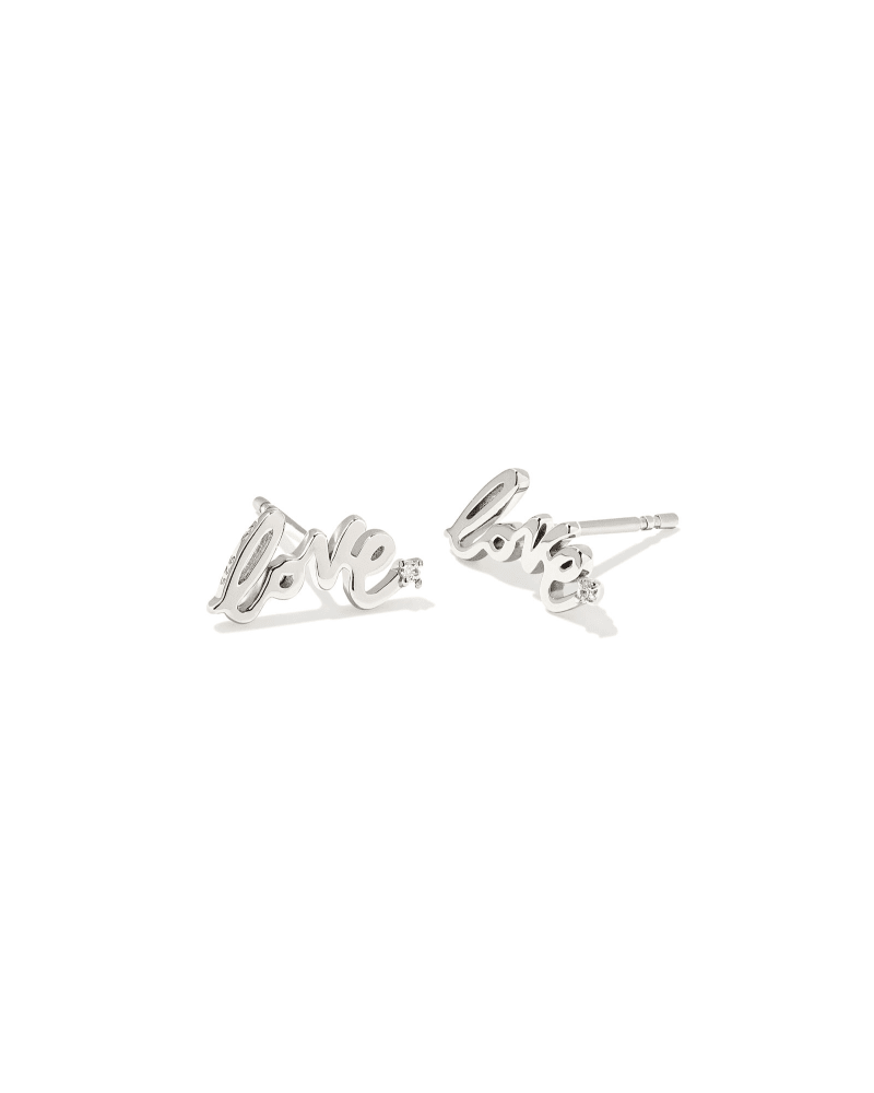  Love Script Sterling Silver Stud Earrings In White Sapphire
