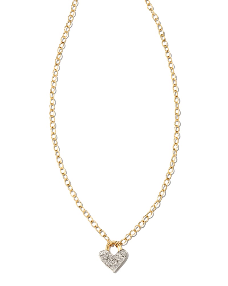  Pave Heart Padlock 14k Yellow Gold Pendant Necklace In White Diamond