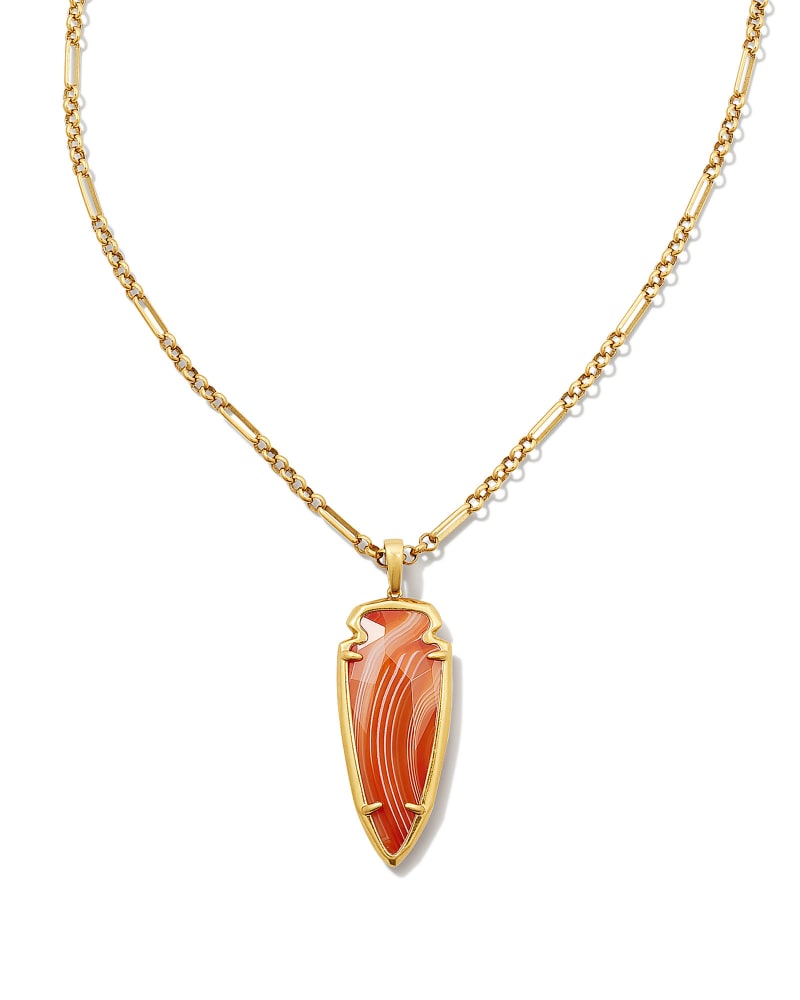  Skylar Vintage Gold Small Long Pendant In Orange Banded Agate