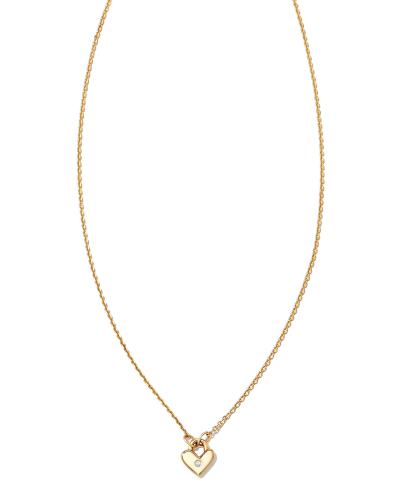  Tiny Heart Padlock 14k Yellow Gold Pendant Necklace In White Diamond
